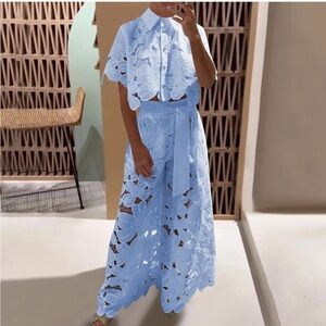 Elegant Light Blue Lace Two-Piece Set